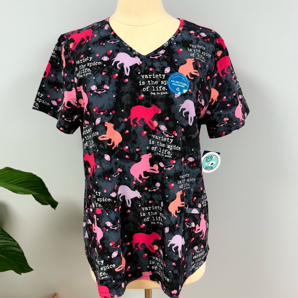 NWT Cherokee Dog Is Good Black Scrub Top L Spice Of Life Pink Dogs Scrubs Vet